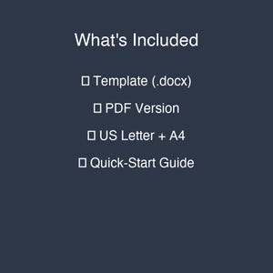 May include: A dark blue digital graphic with white text that reads: What's Included, Template (.docx), PDF Version, US Letter + A4, and Quick-Start Guide. Each line item is preceded by a small white square icon, presenting the contents of a digital file.