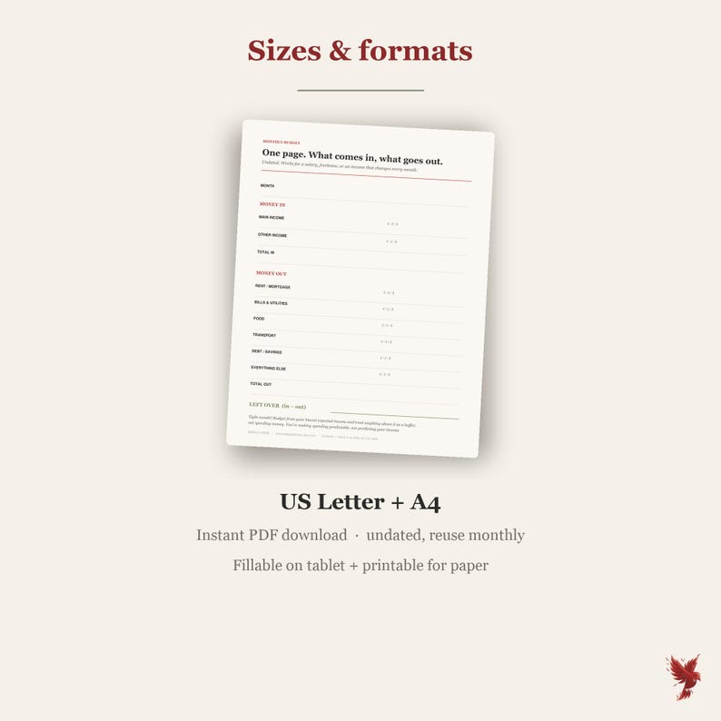 May include: A digital monthly budget planner template featuring the text Sizes & formats at the top and US Letter + A4 at the bottom. The central document includes sections for Money In and Money Out with lines for income, rent, bills, and savings.