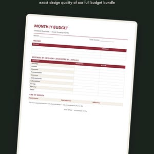 May include: A digital monthly budget planner template featuring sections for income, expenses by category, and end-of-month totals. The document includes text headers such as Monthly Budget, Income, Expenses by Category, Budgeted, and Actual.