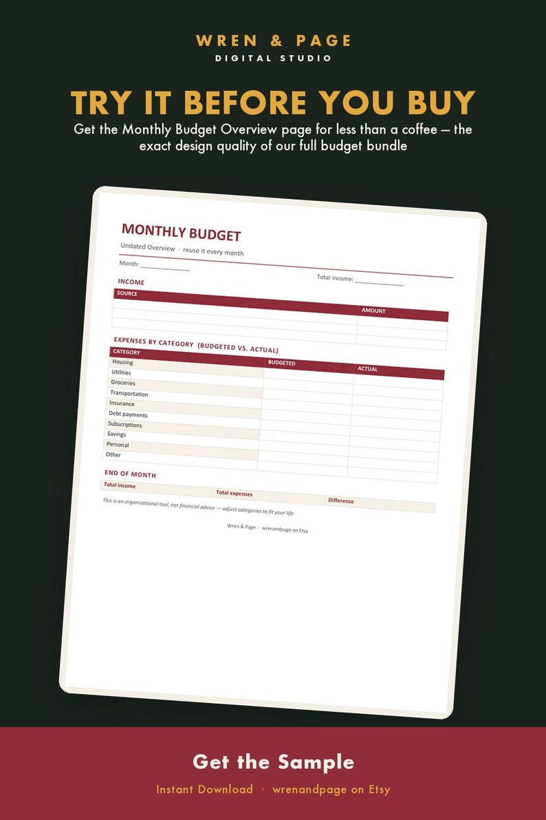 May include: A digital monthly budget planner template featuring sections for income, expenses by category, and end-of-month totals. The document includes text headers such as Monthly Budget, Income, Expenses by Category, Budgeted, and Actual.
