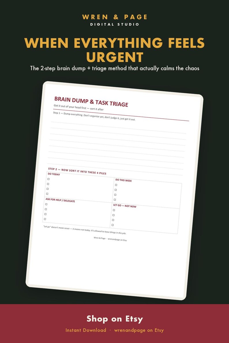May include: A digital task management worksheet titled Brain Dump & Task Triage. The document features a section for listing tasks, followed by a 4-pile sorting grid labeled Do Today, Do This Week, Ask For Help/Delegate, and Let Go - Not Now.