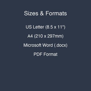 May include: A dark blue graphic with white text listing Sizes & Formats: US Letter (8.5 x 11"), A4 (210 x 297mm), Microsoft Word (.docx), and PDF Format. The text is centered and clearly legible against the solid dark blue background.