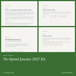 以下が含まれることがあります： 8枚の印刷可能なページを含むVaylo StudiosのNo-Spend January 2027キット。このキットには、支出のない月の仕組みに関するガイド、サブスクリプション監査表、2027年1月のカレンダー、および5つの財務管理ツールが含まれています。