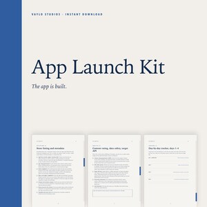 May include: A digital App Launch Kit document with a cream background and dark blue text. The title reads App Launch Kit, followed by The app is built. Three pages are displayed below, detailing store listing, metadata, content rating, and a tracker.