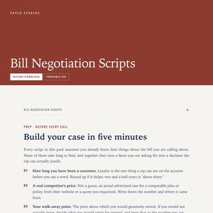 Könnte beinhalten: Ein digitales Dokument mit dem Titel Bill Negotiation Scripts von Vaylo Studios. Die Seite hat eine dunkelrote Kopfzeile mit weißem Text, gefolgt von einem Abschnitt namens Build your case in five minutes mit nummerierten Anweisungen.