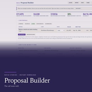 May include: A digital interface for the Vaylo Proposal Builder software, featuring a dashboard with fields for project proposals, client names, values, and dates. The layout includes buttons for export, import, print, and theme settings in a clean, professional design.