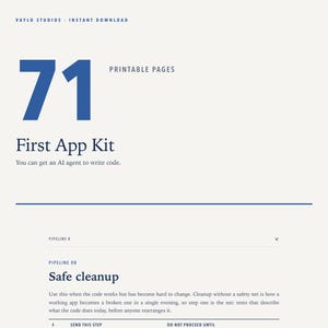 Puede incluir: Un documento digital titulado First App Kit de Vaylo Studios que contiene 71 páginas imprimibles. El texto incluye instrucciones para la limpieza segura de código, destacando el uso de pruebas como red de seguridad antes de modificar una aplicación.