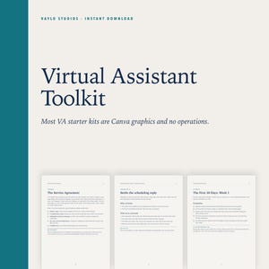 May include: A digital document titled Virtual Assistant Toolkit by Vaylo Studios. The page features dark blue text on a light background, including sections for The Service Agreement, Settle the scheduling reply, and The First 30 Days: Week 1.