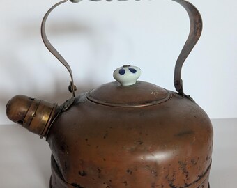 Vintage Copper Tea Kettle with Blue and White Delft Style Ceramic Handle & Knob Rustic Farmhouse Kitchen Decor, Uncleaned Aged Patina Teapot