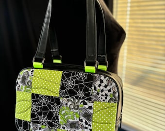 Bugman quilt style cotton fabric Halloween purse bowler bag tote