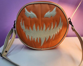 Pumpkin purse cross body orange Jack O Lantern tote with white glitter vinyl