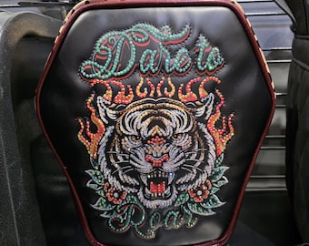 Dare to roar tiger with leopard skulls coffin shaped purse tote