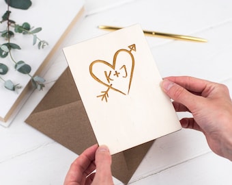 Engraved heart card - wooden card - fifth anniversary card - 5th anniversary card - card for couples - wedding card - valentines card