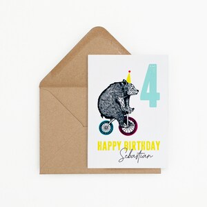 Carte d’anniversaire d’ours personnalisée, carte d’âge, carte de fils pour petit-fils, carte de premier anniversaire, carte d’ours, carte pour cycliste