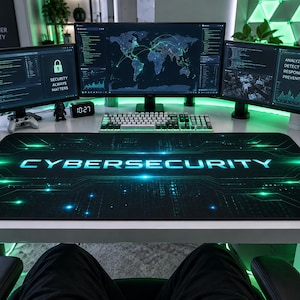 Puede incluir: Una alfombrilla de escritorio rectangular grande con un patrón de circuito digital en negro y verde, con la palabra CYBERSECURITY impresa en letras blancas en negrita en el centro, sobre un escritorio blanco con tres monitores y periféricos.