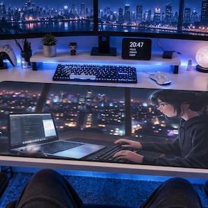 Night Coder Anime Desk Mat | Cityscape Laptop Setup