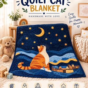 Moonlit Cat Quilt Pattern PDF, Easy Fusible Applique, Night Sky Village Scene (Digital Download)