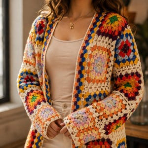 Puede incluir: Un cárdigan de manga larga confeccionado con cuadrados de ganchillo multicolores en tonos rojo, naranja, amarillo, azul y morado, unidos por hilo color crema. La prenda presenta un diseño abierto en la parte delantera con un borde crema.