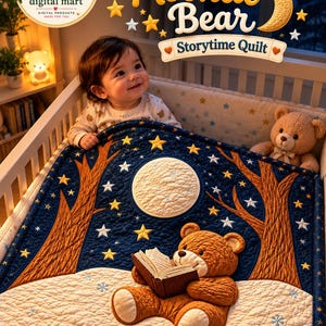 Moonlit Bear Storytime Quilt, Woodland Nursery Blanket, Baby Shower Gift