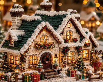 May include: A crochet Christmas village house featuring a dark green roof with white snow trim, beige walls, and illuminated windows. The scene includes a small crocheted reindeer, wrapped gift boxes, and miniature pine trees inside a fence.