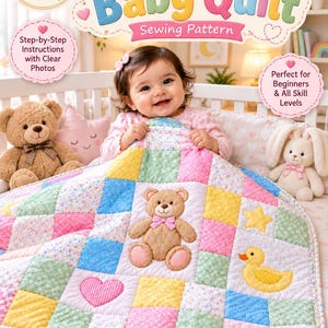 Pastel Baby Quilt Pattern | Teddy Bear Applique, Patchwork (PDF Download)