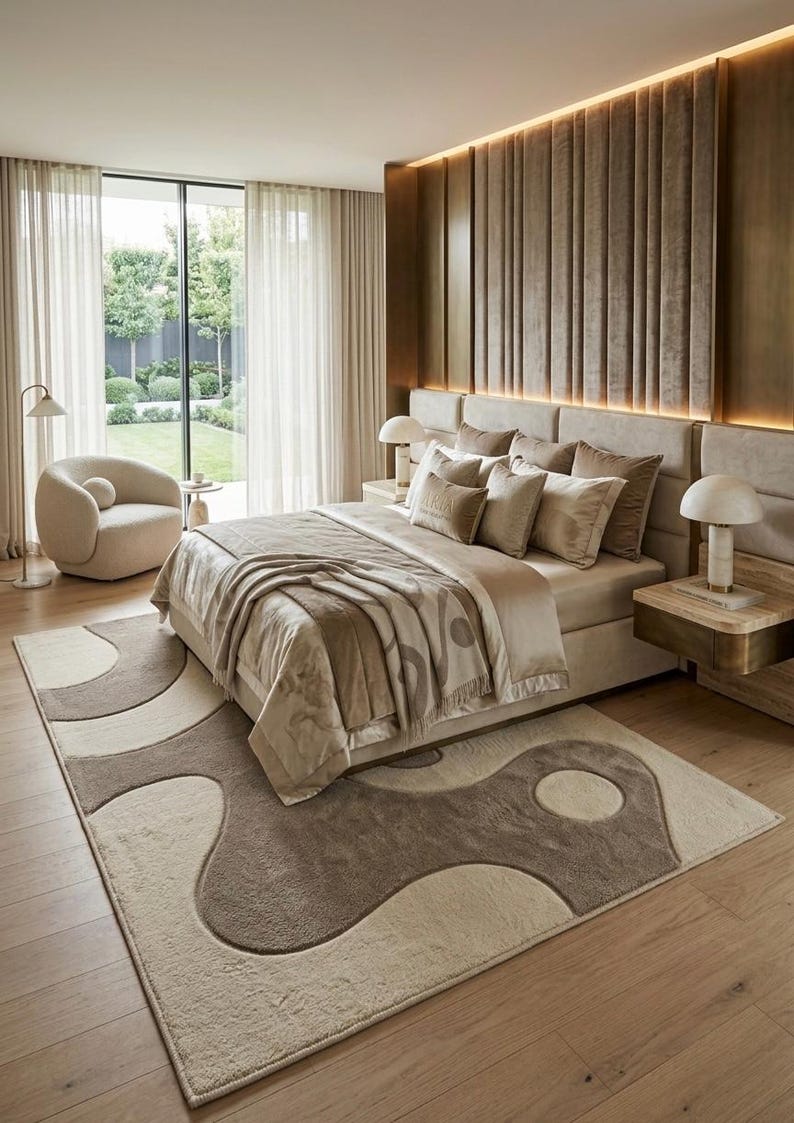 Pu&ograve; includere: Una camera da letto con un letto dotato di biancheria beige e un plaid, posizionato su un grande tappeto con un motivo organico astratto marrone e crema. La stanza include un'alta testiera imbottita, due comodini con lampade e una sedia.