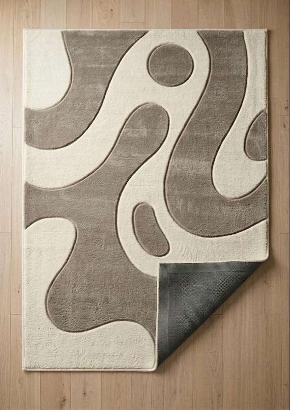 Modern Abstract Wavy Area Rug – 3D Carved Neutral Cream & Taupe Rug, Soft Tufted Organic Swirl Carpet for Living Room, Bedroom Home Decor