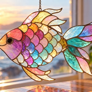 May include: A stained glass suncatcher shaped like a fish with iridescent, multi-colored scales in shades of pink, yellow, blue, and purple. The fish features a dark circular eye and is outlined in thin metal, suspended by a small chain.