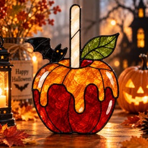 May include: A stained glass suncatcher shaped like a candy apple with a red base, orange dripping caramel, a white stick, a green leaf, and a black bat silhouette. The piece features textured glass panels held together by dark metal solder lines.