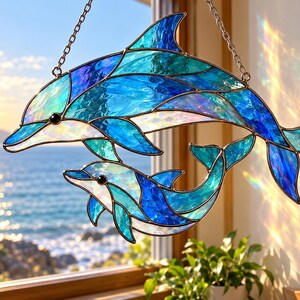 May include: A stained glass suncatcher featuring two dolphins, one larger and one smaller, crafted from iridescent blue and teal glass pieces joined by dark metal solder lines. The piece is suspended by a metal chain against a bright window.