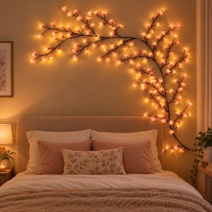 May include: A wall-mounted decorative light fixture shaped like a sprawling tree branch with numerous small, glowing pink cherry blossom flowers. The branch extends horizontally and vertically, emitting a warm, soft light across the wall.