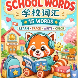 May include: A colorful educational book cover titled My First Chinese School Words featuring a cartoon red panda wearing headphones and holding a star wand. The scene includes a school building, a backpack, stacked books, and school supplies.