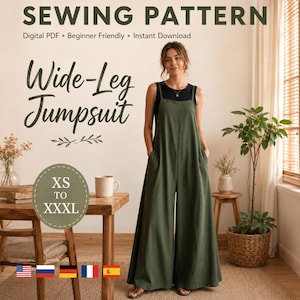 May include: A digital sewing pattern for a wide-leg jumpsuit in sizes XS to XXXL. The text reads SEWING PATTERN, Digital PDF, Beginner Friendly, Instant Download, Wide-Leg Jumpsuit, and XS TO XXXL. The jumpsuit is olive green with thin straps.