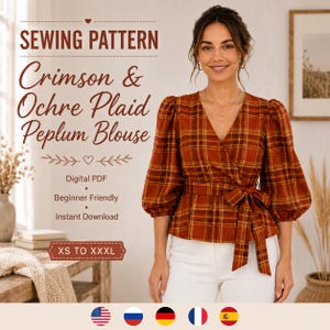 Op de afbeelding: Een naaipatroon voor een peplumblouse met een karmozijnrood en okerkleurig ruitpatroon. De digitale PDF bevat de maten XS tot XXXL. De blouse heeft een V-hals, lange pofmouwen met boorden en een overslagmodel met een bijpassende strikceintuur.