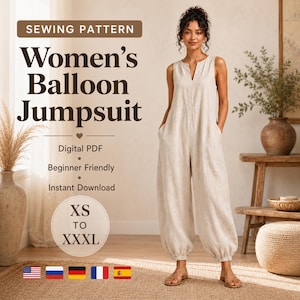 May include: A sewing pattern for a sleeveless balloon jumpsuit in a light beige color. The text reads: SEWING PATTERN, Women's Balloon Jumpsuit, Digital PDF, Beginner Friendly, Instant Download, XS TO XXXL. The jumpsuit features a V-neckline.