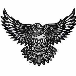 May include: A black and white embroidered patch featuring a detailed eagle with wings fully spread in flight. The design uses high-contrast stitching to define the feathers, head, and talons of the bird, creating a sharp, graphic appearance.