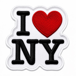 May include: A white embroidered patch featuring the black text I and NY with a red heart symbol in between. The patch has a scalloped white border and a textured fabric finish, designed for application onto clothing or fabric accessories.