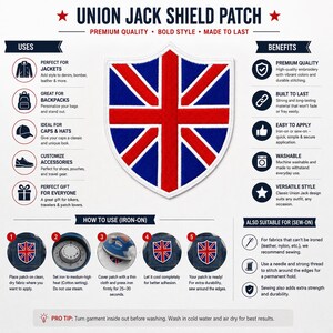 Può includere: Una toppa ricamata a forma di scudo con la bandiera Union Jack in rosso, bianco e blu. L'immagine include il testo UNION JACK SHIELD PATCH, insieme a sezioni che descrivono gli usi, i vantaggi e le istruzioni per applicare la toppa.