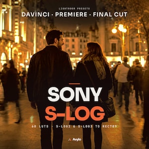 May include: A digital product advertisement for Lightroom Presets and LUTs featuring the text: LIGHTROOM PRESETS, DAVINCI, PREMIERE, FINAL CUT, SONY S-LOG, 60 LUTS, S-LOG2, S-LOG3 TO REC709, and Avylo. The background shows a couple walking on a city street.