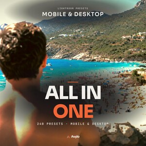 Könnte beinhalten: Eine digitale Produktwerbung für Lightroom-Presets mit einer Küstenansicht und dem Text LIGHTROOM PRESETS MOBILE & DESKTOP, ALL IN ONE, 240 PRESETS MOBILE & DESKTOP sowie dem Markennamen Avylo am unteren Bildrand.