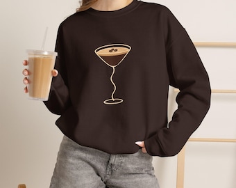 Espresso Martini Sweatshirt, Chocolate Brown Crewneck with Squiggly Glass Design