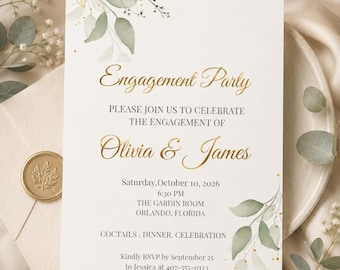 May include: A white engagement party invitation card featuring gold foil text reading Engagement Party, Olivia & James, and event details. The design includes watercolor green eucalyptus leaves and gold speckles at the top and bottom corners.
