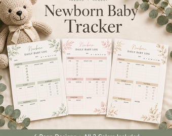 May include: Three printable newborn baby log sheets with floral accents, featuring sections for feeding, sleep, diapers, and pumping. The text reads Ever & Ivory Newborn Baby Tracker, Newborn Daily Baby Log, and 6 Page Designs All 3 Colors Included Printable PDF.