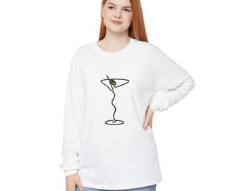 Squiggly Martini Glass Long Sleeve T-Shirt, White or Ivory
