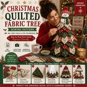 Pode incluir: Um molde de costura para árvore de Natal de tecido acolchoado com técnica de dobragem e alfinetes sem costura. O guia inclui um tutorial fotográfico passo a passo para uma árvore finalizada com cerca de 30 a 35 cm de altura.