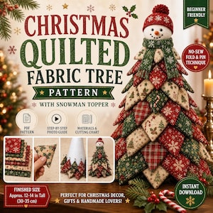 May include: A Christmas quilted fabric tree pattern with a snowman topper. The text reads CHRISTMAS QUILTED FABRIC TREE PATTERN WITH SNOWMAN TOPPER. The tree is made of red, green, and cream fabric triangles with snowflake and plaid prints.
