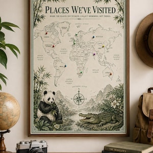 May include: A framed world map poster titled Places We've Visited with the subtitle Mark the places you've been. Collect memories, not things. The map features colourful push pins, a panda, a crocodile, and bamboo illustrations in a vintage style.