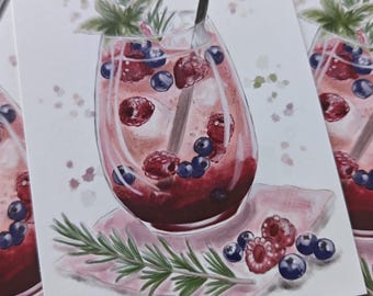 Postkarte Wildberry Lillet PK 4 | Sommer Aquarell Postkarte Kunstprint | Geschenkkarte Aperol Lover| Illustrated Postcard "Sips & More"