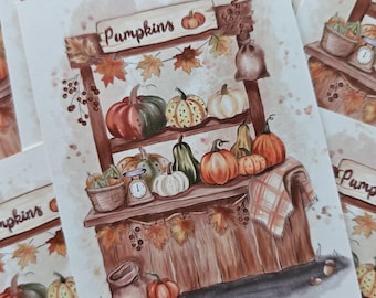 Ansichtkaart Pompoenstandaard PK 7 | Herfst aquarel kunstkaart | Herfstdecoratie | Cottagecore herfstkaart | Geïllustreerde ansichtkaart "Drawn Together"