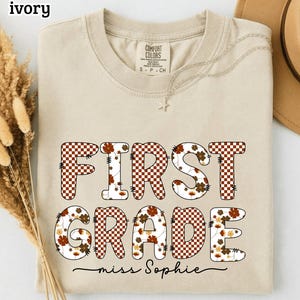 First Grade Teacher Shirt, Personalized Retro Patchwork Grade Level Tee, Back to School Teacher Gift